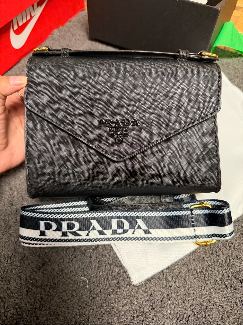 P Black Saffiano Leather Crossbody with Branded Stripe Strap